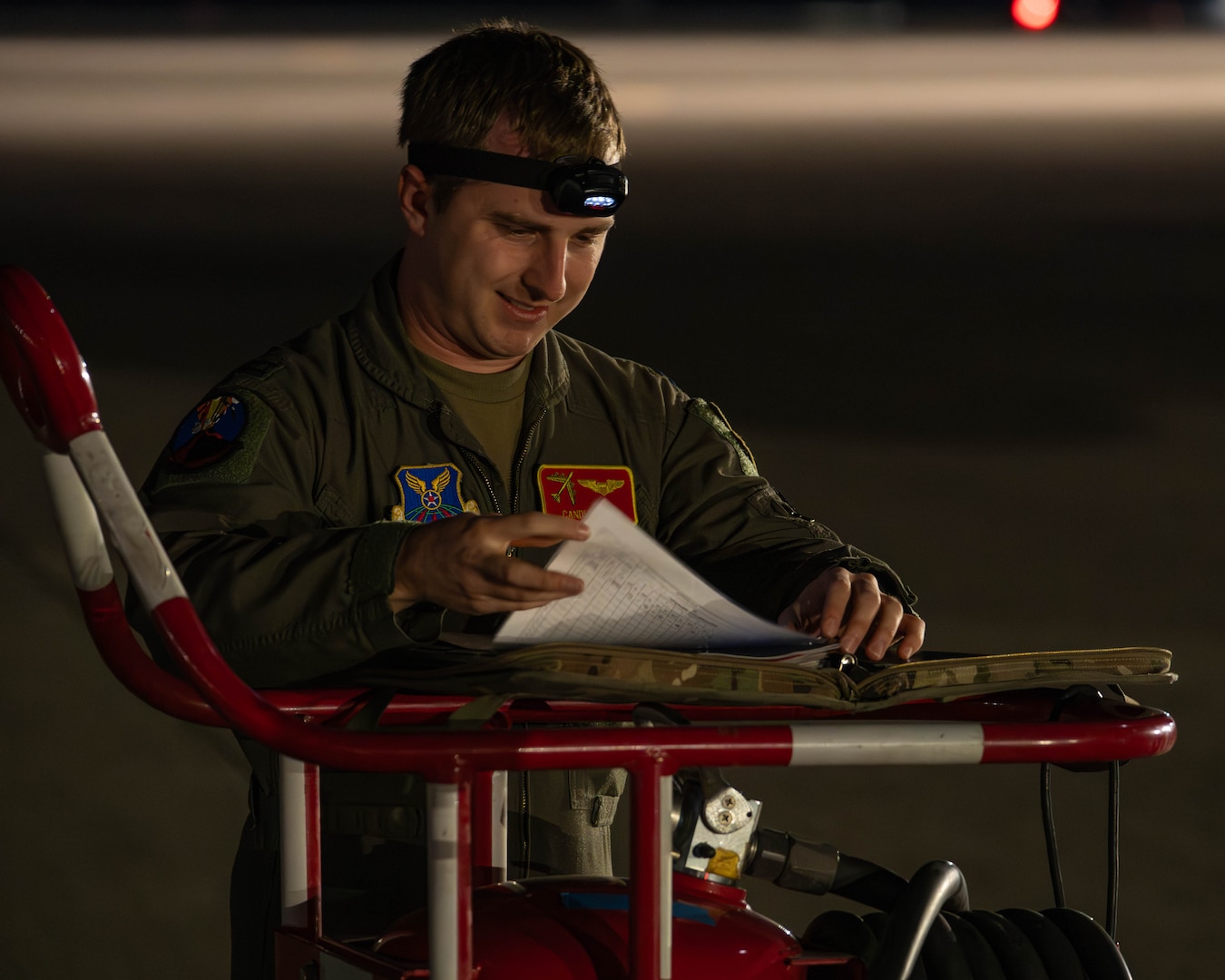 U.S. Air Force Capt. Hudson Walberg, 23rd Bomb Squadron pilot, conducts pre-flight procedures during Red Flag 25-2 at Nellis Air Force Base, Nevada, March 11, 2025. Exercises like Red Flag help warfighters to develop the right operational concepts, capabilities, and plans to bolster deterrence and maintain the competitive advantage against any adversary. (U.S. Air Force photo by Senior Airman Kyle Wilson)