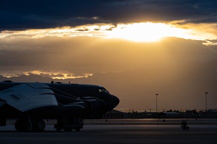A U.S. Air Force B-52H Stratofortress assigned to the 23rd Bomb Squadron sits on the flightline during Red Flag 25-2 at Nellis Air Force Base, Nevada, March 11, 2025. Red Flag is an annual exercise designed to reflect real-world contingency scenarios that provides advanced aerial combat training to aircrews. (U.S. Air Force photo by Senior Airman Kyle Wilson)