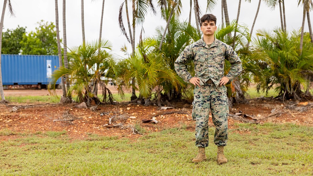 U.S. Marine Corps Cpl. Jonathan J. Jones, a data system administrator with Headquarters Company, 1st Marine Regiment, Marine Rotational Force – Darwin 25.3, poses for a photo in Darwin, Northern Territory, Australia on March 13, 2025. Cpl. Jones is participating in his 2nd rotation after being forward-deployed with the 2023 MRF-D Marine Air-Ground Task Force. MRF-D 25.3 is part of an annual six-month rotational deployment to enhance interoperability with the Australian Defence Force and Allies and partners and provide a forward-postured crisis response force in the Indo-Pacific. Jones is a native of North Carolina. (U.S. Marine Corps photo by Sgt. Ezekieljay Correa)