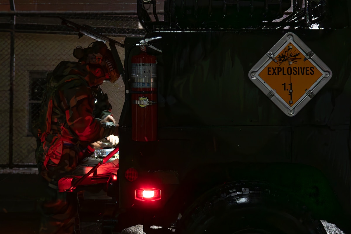 A U.S. Air Force Airman assigned to the 35th Civil Engineer Squadron explosive ordnance disposal flight prepares equipment to neutralize a simulated drone during Beverly Sunrise 25-03 at Misawa Air Base, Japan, March 18, 2025. Continuous exercises like Beverly Sunrise strengthen the 35th Fighter Wing's ability to defend freedom and ensure security in the Indo-Pacific theater. (U.S. Air Force photo by Senior Airman Brittany Russell)