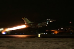 A U.S. Air Force F-16  Fighting Falcon assigned to the 14th Fighter Squadron takes off during Beverly Sunrise 25-03.