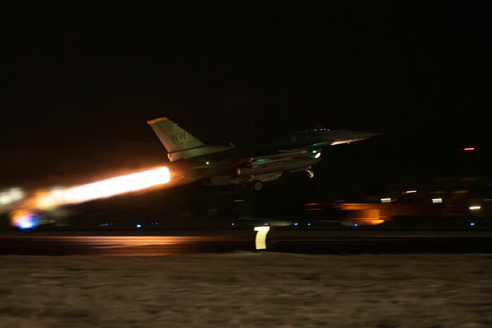 A U.S. Air Force F-16  Fighting Falcon assigned to the 14th Fighter Squadron takes off during Beverly Sunrise 25-03.