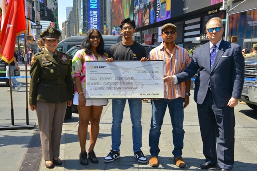 New York, N.Y. – Maj. Gen. Kris A. Belanger, commander of the 99th Readiness Division (left), and Ronald “Ron” Shindel, a Civilian Aide to the Secretary of the Army (NY South), present a U.S. Army Minuteman Scholarship to Zachary Seepersaud, during a 249th U.S. Army Birthday event here on June 14, 2024. The event was hosted by the U.S. Army New York City Recruiting Battalion to celebrate the contributions of Soldiers who’ve served the nation and strengthen relationships with community partners.
(U.S. Army Photo By: Sgt 1st Gregory Williams/Released)