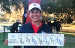 Chief Petty Officer Laura Pirruccello holds her scorecard at the 2025 U.S. Armed Forces Golf Championship in Parris Island, South Carolina on February 28, 2025. Pirruccello, the 2024 Coast Guard Elite Female Athlete of the Year, finished fourth at the tournament, qualifying for her second World Armed Forces Golf Championship later this year in Kenya.