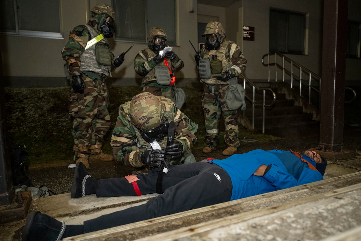 U.S. Air Force Airmen assigned to the 35th Force Support Squadron conduct a post attack reconnaissance sweep and apply tactical combat casualty care to a casualty actor during Beverly Sunrise 25-03