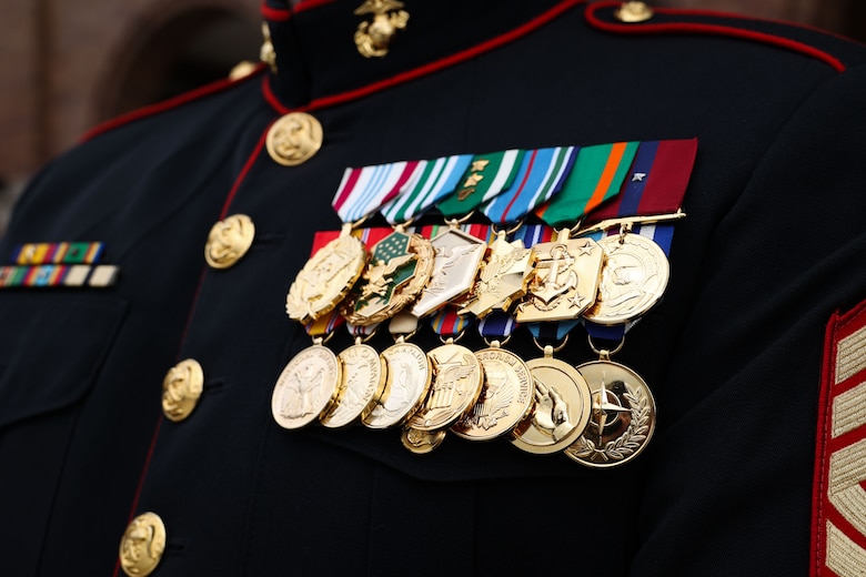 U.S. Marine Corps MSgt. Luke M. McNally, Senior Staff Swordsmen, stands at attention after parade staff practice at Marine Barracks Washington, Washington, D.C. on Mar 6, 2025. A heavily decorated Marine has a history of leadership, operational excellence, and a proven track record in high-stakes situations.  (U.S. Marine Corps photo by Lance Cpl. Brynn L. Bouchard)