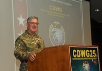British Commodore Jonathan Lett, the Director of J-5 Policy for U.S. Indo-Pacific Command, delivers the opening remarks at the Capabilities Development Working Group (SDWG) 2025.