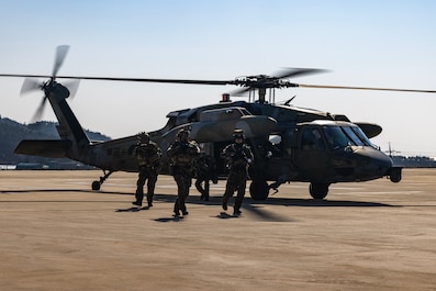 SOUTH KOREA (March 19, 2025) — Republic of Korea special operations Soldiers depart a ROK H-60 airframe as a part of a multiday training event associated with exercise Freedom Shield 25 at Paengnyong-Do (Baengyeong-Do), ROK, March 19, 2025. Freedom Shield is an annual combined exercise conducted in support of the U.S.-ROK Mutual Defense Treaty signed on Oct. 1, 1953. This combined exercise hones the U.S. and ROK combined lethality through defense capabilities that ensure the mutual defense of both nations’ homelands and contributes to regional peace and stability through integrated deterrence. (U.S. Army photo by Staff Sgt. Daniel Lee)