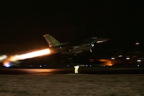 A U.S. Air Force F-16  Fighting Falcon assigned to the 14th Fighter Squadron takes off during Beverly Sunrise 25-03.