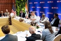 Adm. Samuel J. Paparo, commander of U.S. Indo-Pacific Command, speaks at a U.S.-India Strategic Partnership Forum event in New Delhi, March 17, 2025.