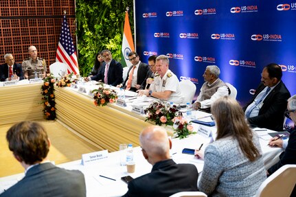 Adm. Samuel J. Paparo, commander of U.S. Indo-Pacific Command, speaks at a U.S.-India Strategic Partnership Forum event in New Delhi, March 17, 2025.