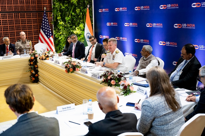 Adm. Samuel J. Paparo, commander of U.S. Indo-Pacific Command, speaks at a U.S.-India Strategic Partnership Forum event in New Delhi, March 17, 2025.