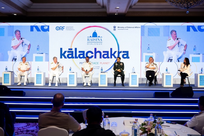 Adm. Samuel J. Paparo, commander of U.S. Indo-Pacific Command, speaks on Raisina Dialogue panel, “Deepwater Perils: Securing Trade Through Red Zones,” alongside senior military leaders from Australia, India, Japan and the Philippines, March 19, 2025.