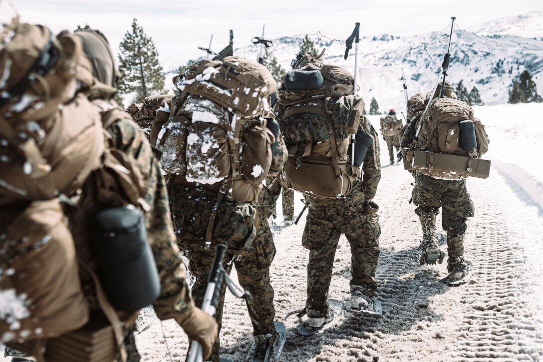 U.S. Marines and Sailors with 1st Battalion, 6th Marine Regiment, 2d Marine Division, conduct a conditioning hike during Mountain Training Exercise 2-25 at Marine Corps Mountain Warfare Training Center Bridgeport, California, March 15, 2025. MTX 2-25 is designed to prepare units to build confidence in their abilities to operate in a cold weather, high-altitude, mountainous environment. (U.S. Marine Corps photo by Sgt. Mary Torres)