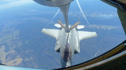 A Polish F-35A Lighting II is refueled by an Illinois Air National Guard 126th Air Refueling Wing KC-135 Stratotanker during a training mission over northern Arkansas, March 6, 2025. The Illinois National Guard and Poland have been partners in the State Partnership Program since its inception in 1993.