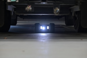 The Marten MK2 Pro, a remotely controlled inspection robot, showcases its confined space area capabilities at Columbus Air Force Base, Mississippi, March 18, 2025. The four-wheel drive robot features a 10x optical zoom 1080p camera with audio and extended range of up to 750ft line of sight. (U.S. Air Force photo by Airman 1st Class Joseph Curzi)