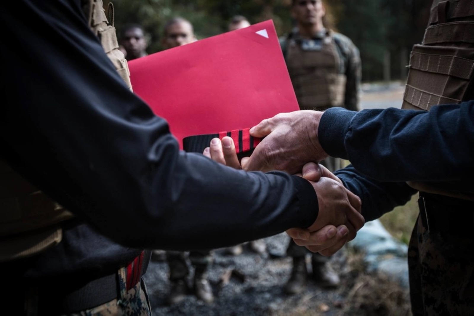 U.S. Marine Corps Sgt. Brian Giera is promoted to fourth degree Martial Arts Instructor Trainer at The Basic School, Quantico, Va., Oct 31, 2018. Giera has served as an Instructor Trainer at the Martial Arts Center of Excellence for three years. (U.S. Marine Corps photo by Staff Sgt. Melissa Marnell)