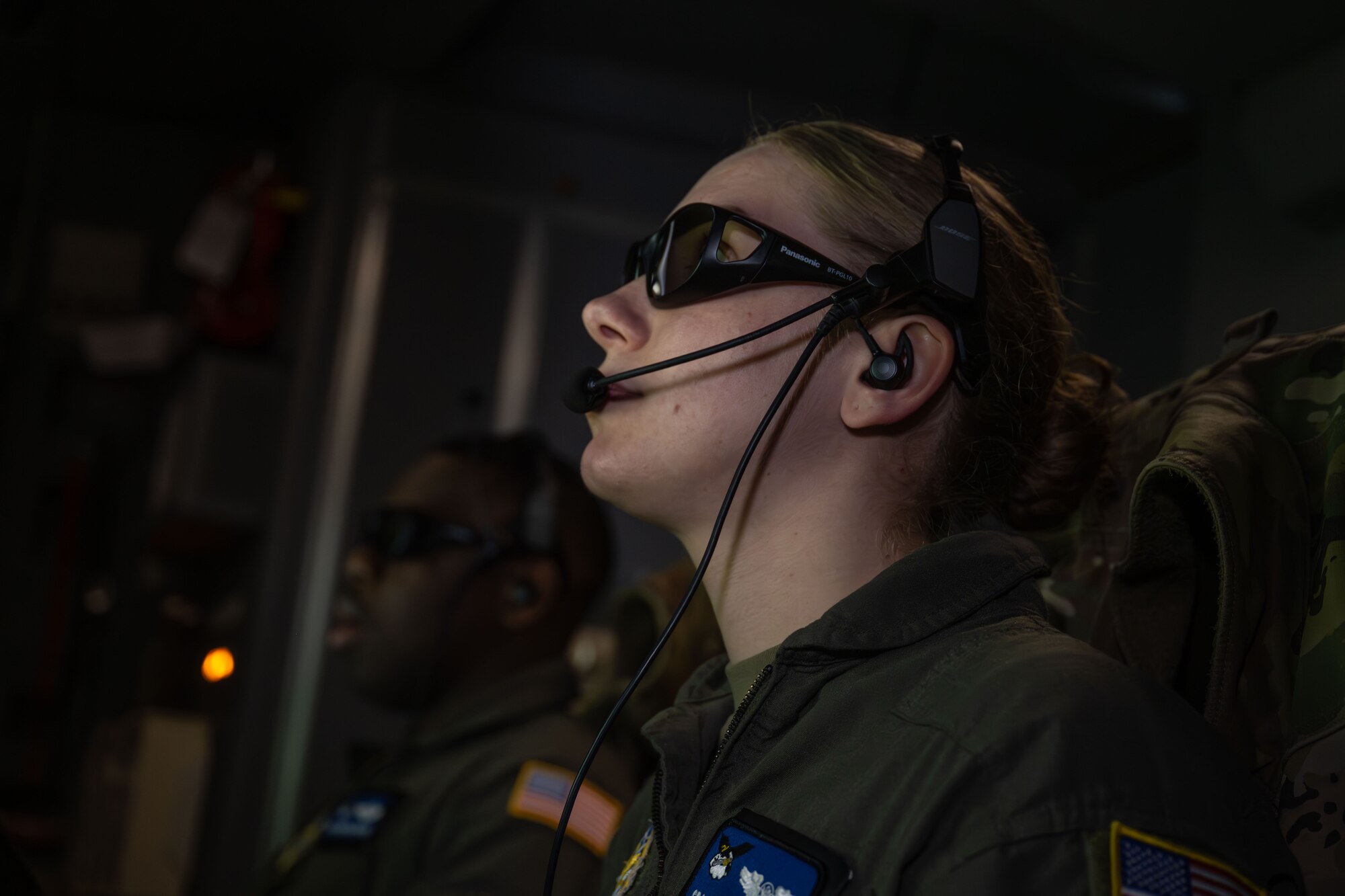 Senior Airman Nicole Kleymenov, 344th Air Refueling Squadron boom operator, refuels F-16 Fighting Falcons during Exercise Fighting Wyvern 25-01, a large-scale combat readiness exercise at Aviano Air Base, Italy, March 12, 2025. McConnell Airmen flew to Aviano to play key roles in providing air refueling support for the 31st Fighter Wing. (U.S. Air Force photo by Airman 1st Class Paula Arce)
