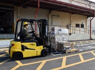 A worker at the U.S. Army Medical Materiel Center-Korea prepares to load a shipment of medical supplies at Camp Carroll, Republic of Korea, during Freedom Shield 2025. USAMMC-K demonstrated its capability as the theater lead agent for medical materiel, or TLAMM, during the joint 11-day exercise in March.
