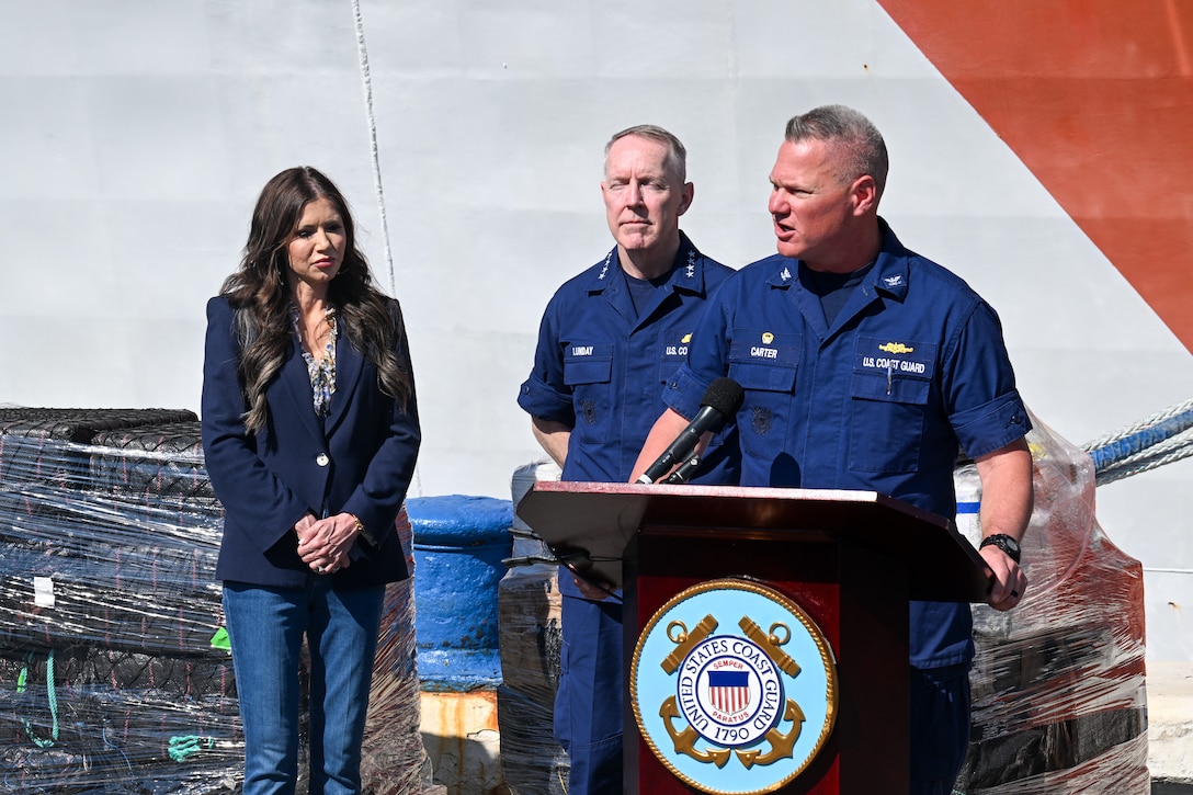 Capt. Jonathan Carter, commanding officer of the Coast Guard Cutter Stone, addressing media questions about its successful patrol in the Eastern Pacific at Port Everglades, on March 20, 2025. One such interdiction resulted in four suspected drug smuggling vessels being stopped from transporting harmful narcotics. (Coast Guard photo by Petty Officer 3rd Class Nicholas Strasburg)