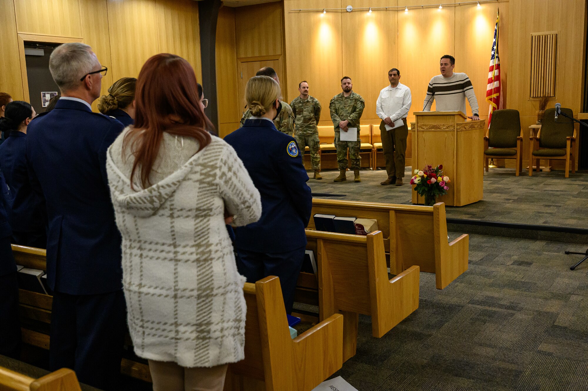 Christian Beck speaks during a Day of Prayer event at Hill Air Force Base, Utah, March 13, 2025. Religious leaders from multiple faith groups came together during the event to observe the importance of prayer. (U.S. Air Force photo by R. Nial Bradshaw)
