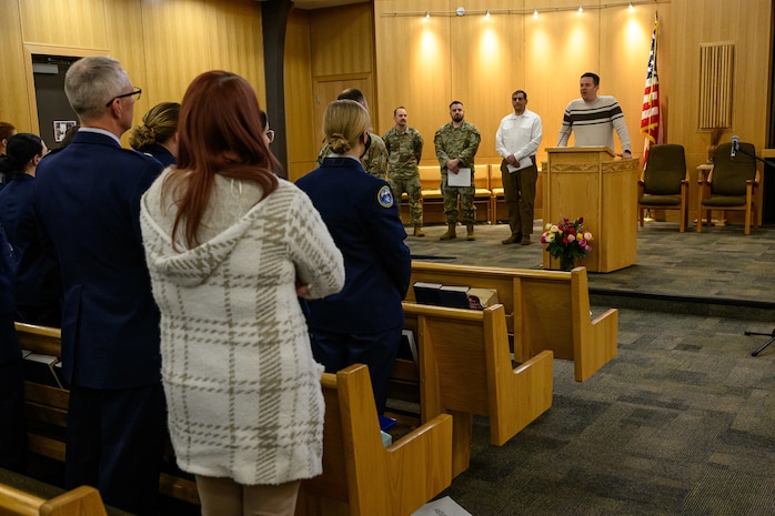 Christian Beck speaks during a Day of Prayer event at Hill Air Force Base, Utah, March 13, 2025. Religious leaders from multiple faith groups came together during the event to observe the importance of prayer. (U.S. Air Force photo by R. Nial Bradshaw)