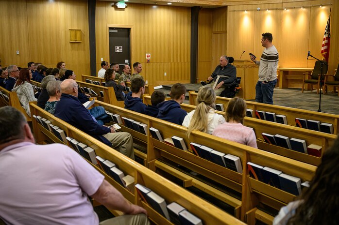 Retired Lt. Col. (Chaplain) Zebulon Beck speaks during a Day of Prayer event at Hill Air Force Base, Utah, March 13, 2025. Beck had served as the 75th Air Base Wing chaplain from June 2017 to May 2020 and shared reflections about faith and resiliency during the event. (U.S. Air Force photo by R. Nial Bradshaw)