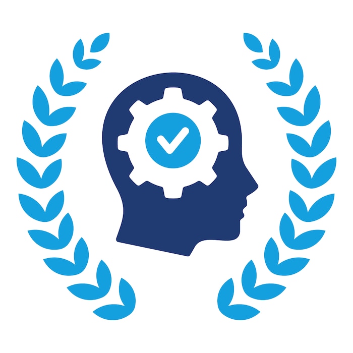 Modified Illustration: Head with gear icon and checkmark surrounded by laurel leaves [image is not public domain]