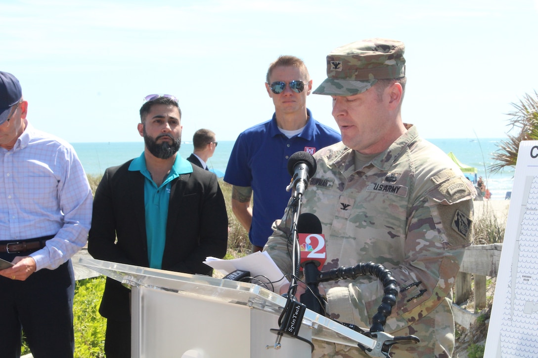 Col. Brandon Bowman, Commander, U.S. Army Corps of Engineers, Jacksonville District answers questions from media during a press conference at the Canaveral Port Authority March 20, 2025, on the Brevard County Shore Protection Projects / Canaveral Sand Bypass Project.