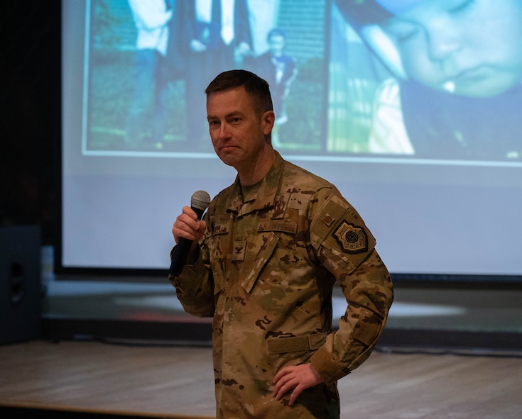 U.S. Air Force Col. George Chapman, 91st Missile Wing deputy commander, gives a speech at the 2025 Air Force Assistance Fund campaign kickoff event at Minot Air Force Base, North Dakota, March 19, 2025. The Air Force Assistance Fund provides aid to Airmen through it’s four charities: the General and Mrs. Curtis E. Lemay Foundation, Air Force Villages Charitable Foundation, Air Force Enlisted Village, and Air Force Aid Society. (U.S. Air Force photo by Airman 1st Class Wesley Davies)