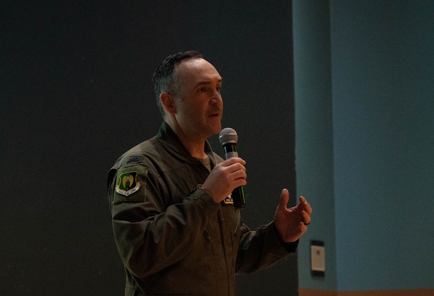 U.S. Air Force Col. Jesse Lamarand, 5th Bomb Wing commander, delivers a speech on the importance of the Air Force Assistance Fund for Airmen at Minot Air Force Base, North Dakota, March 19, 2025. The Air Force Assistance Fund was established in 1942 for “Airmen helping Airmen” and has assisted Airmen and their families for over 50 years. (U.S. Air Force photo by Airman 1st Class Wesley Davies)