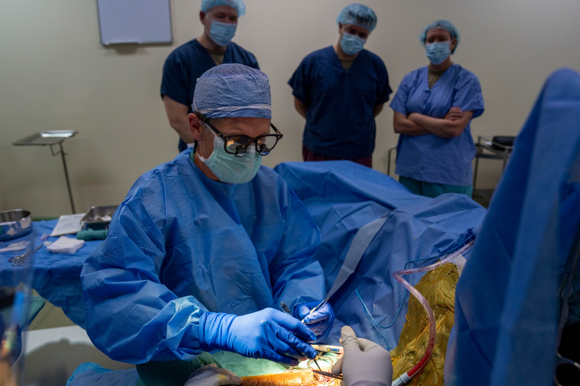 U.S. Air Force Brig. Gen. Tara Nolan, Mobilization Augmentee to the Air Forces Southern commander, and members of Lesser Antilles Medical Assistance Team watch as Col. Rob Noll conducts a fistula surgery at St. Jude Hospital in Vieux Fort, Saint Lucia, March 6, 2025. The support from the Air Force Reserve Citizen Airmen to LAMAT offers a powerful opportunity for boosting expeditionary medical skills and force retention. (U.S Air Force photo by Andrea Jenkins)