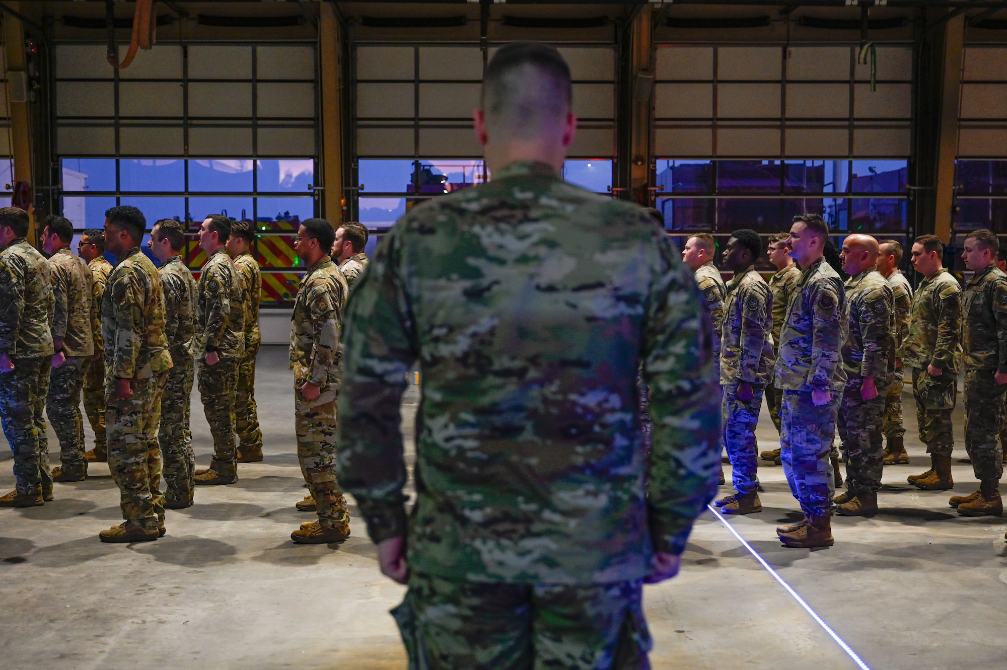Airmen assigned to the 19th Civil Engineer Squadron stand in formation during a Prime Base Engineer Emergency Force (Prime BEEF) field training exercise at Little Rock Air Force Base, Arkansas, March 18, 2025. Prime BEEF is designed to enhance mission readiness and contingency operations.