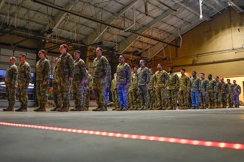 Airmen assigned to the 19th Civil Engineer Squadron stand in formation during a Prime Base Engineer Emergency Force (Prime BEEF) field training exercise at Little Rock Air Force Base, Arkansas, March 18, 2025. The exercise focused on base establishment, perimeter security, defensive fighting positions and shelter construction.