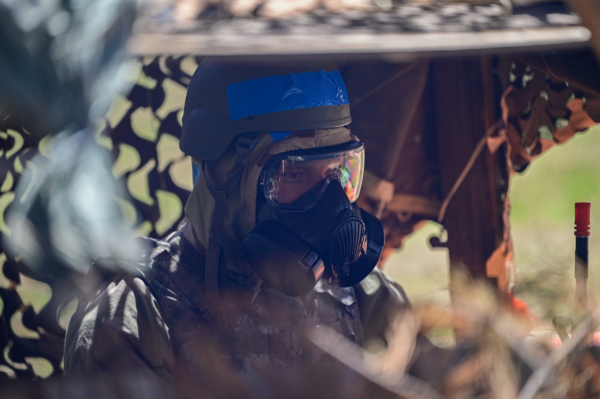 An Airman assigned to the 19th Civil Engineer Squadron defends the established base in a simulated combat scenario during a Prime Base Engineer Emergency Force (Prime BEEF) field training exercise at Little Rock Air Force Base, Arkansas, March 19, 2025. Prime BEEF is designed to enhance mission readiness and contingency operations.