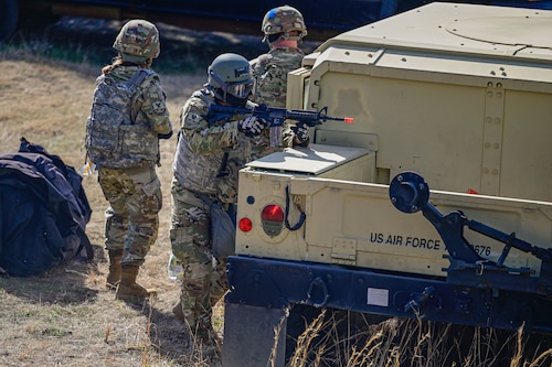 Airmen assigned to the 19th Civil Engineer Squadron defend the area in a simulated combat scenario during a Prime Base Engineer Emergency Force (Prime BEEF) field training exercise at Little Rock Air Force Base, Arkansas, March 19, 2025. Prime BEEF provided Airmen with hands-on experience in rapid deployment operations, ensuring they can respond to global contingencies at a moment’s notice.