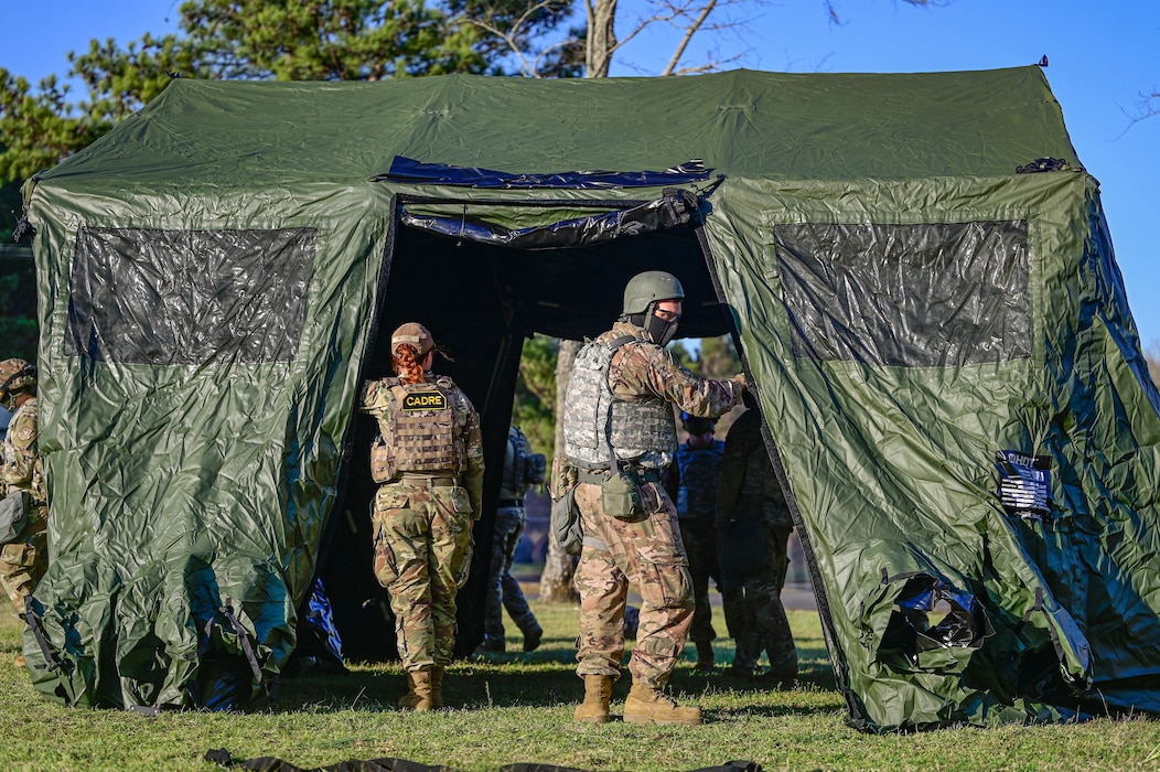 Airmen assigned to the 19th Civil Engineer Squadron (CES) assemble a Base-X tent during a Prime Base Engineer Emergency Force (Prime BEEF) field training exercise at Little Rock Air Force Base, Arkansas, March 19, 2025. Prime BEEF enhances the Air Force’s capability to project power globally.