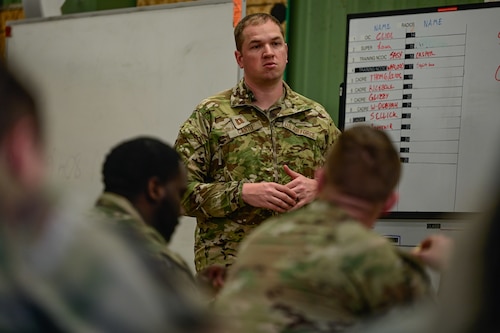Capt. Nathan Cantu, 19th Mission Support Group chaplain, discusses spiritual resilience during a Prime Base Engineer Emergency Force (Prime BEEF) field training exercise at Little Rock Air Force Base, Arkansas, March 19, 2025. The exercise presented an opportunity for airmen to reflect on their personal and professional commitments while fortifying their sense of purpose.