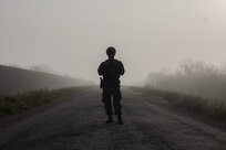 A U.S. soldier stands guard at a known crossing point for illegal aliens along the border in Brownsville, Texas, Feb. 25, 2025. U.S. Northern Command is working together with the Department of Homeland Security to augment U.S. Customs and Border Protection along the southern border with additional military forces. This initial deployment of more than 1,600 active-duty personnel brings the total military Title 10 forces along the border to approximately 4,000 personnel. (U.S. Army photo by Sgt. 1st Class Andrew Sveen)