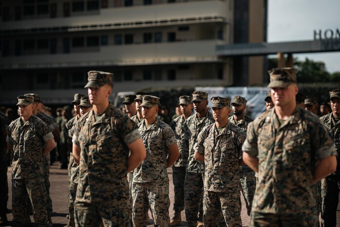U.S. Marines with 1st Battalion, 5th Marine Regiment, attached to Marine Rotational Force-Southeast Asia, I Marine Expeditionary Force, conduct the opening ceremony for Valiant Mark 25 on Bedok Camp, Singapore, March 17, 2025.