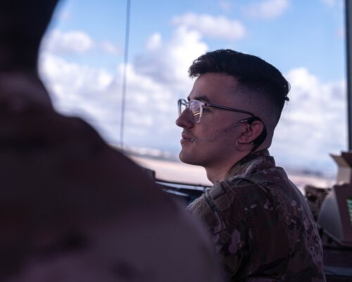 Senior Airman Orion Mallette, 56th Operations Support Squadron air traffic controller, communicates with a pilot, Mar. 12, 2025, at Luke Air Force Base, Arizona.