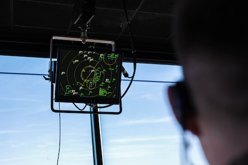 Senior Airman Trevor Church, 56th Operations Support Squadron air traffic controller, checks the certified tower radar display, Mar. 4, 2025, at Luke Air Force Base, Arizona.