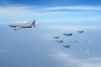 Aircraft from the U.S. Air Force, the Royal Thai Air Force and the Republic of Singapore Air Force fly in formation during Cope Tiger 25 in Thailand, Mar. 18, 2025. The flight formation served as a symbol of airpower, cooperation and friendship among the three nations. (Courtesy Photo)