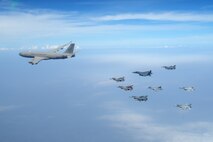 Aircraft from the U.S. Air Force, the Royal Thai Air Force and the Republic of Singapore Air Force fly in formation during Cope Tiger 25 in Thailand, Mar. 18, 2025. The flight formation served as a symbol of airpower, cooperation and friendship among the three nations. (Courtesy Photo)