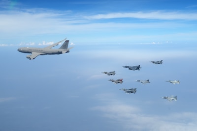 Aircraft from the U.S. Air Force, the Royal Thai Air Force and the Republic of Singapore Air Force fly in formation during Cope Tiger 25 in Thailand, Mar. 18, 2025. The flight formation served as a symbol of airpower, cooperation and friendship among the three nations. (Courtesy Photo)