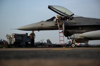 a mechanic leans into an open fighter jet cockpit while standing on a ladder