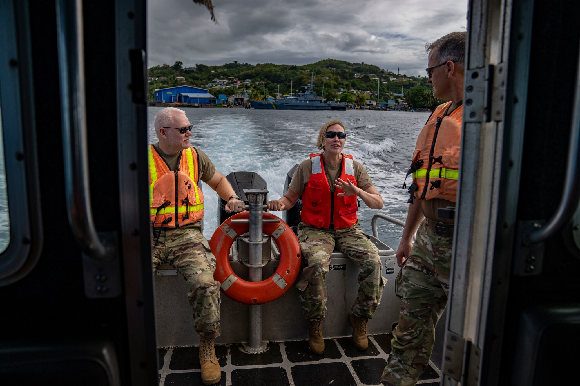 U.S. Air Force Brig. Gen. Tara Nolan, Mobilization Augmentee to the Air Forces Southern commander, talks to members of Lesser Antilles Medical Assistance Team (LAMAT) mission at Saint Vincent and the Grenadines, March 11, 2025. Nolan visited the LAMAT mission locations in Saint Lucia and Saint Vincent and the Grenadines to observe operations firsthand and engage with both Airmen and host nation officials.(U.S. Air Force photo by Andrea Jenkins)