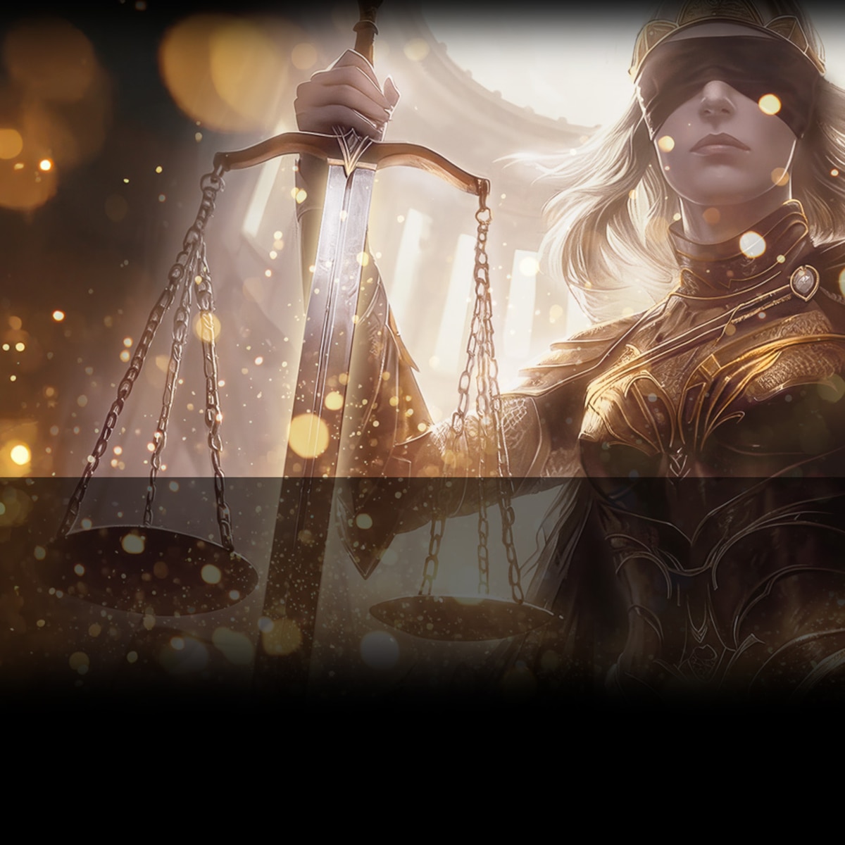 Modified Illustration: Armored Lady Justice over gold glitter background [image is not public domain]
