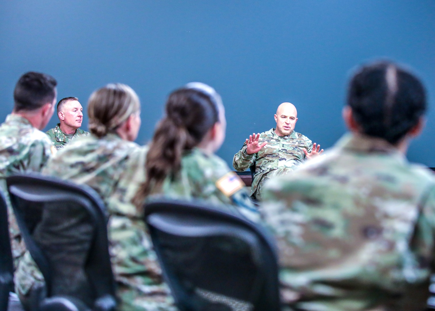 Lt. Gen. John Stubbs and Command Sgt. Maj. Brian Kendrick traveled to the Army War College at Fort Leavenworth, Kansas, to talk with students attending the Chief of Staff of the Army’s Core Course, also known as the Pre-Command Course or Command Sergeants Major Course, on Feb. 28, 2025.