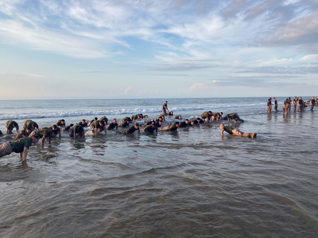 U.S. Marines with 2d Intelligence Battalion, II Marine Expeditionary Force conducted a functional fitness style physical training event at Onslow Beach, encouraging teamwork and competitiveness within the unit, Aug 2024.